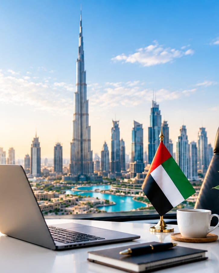 A desk with a laptop, a UAE flag and a coffee cup overlooking the Burj Khalifa and Downtown Dubai